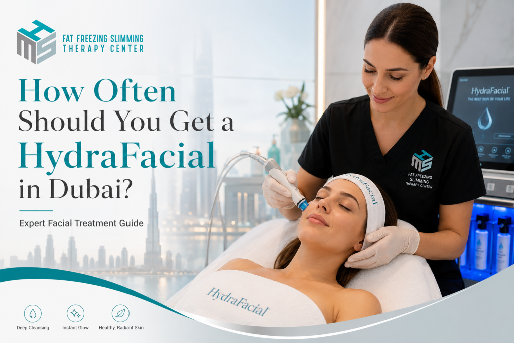 Current image: Facial Treatment in Dubai showing HydraFacial cleansing, exfoliation and hydration for glowing skin