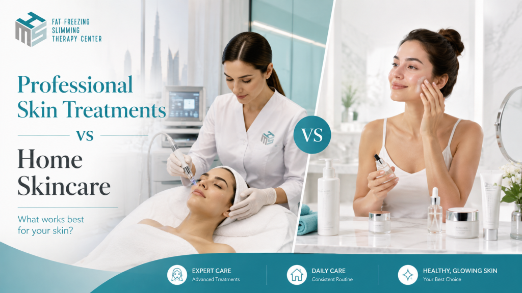 Current image: Professional Skin Treatments vs home skincare comparison at HMS Fat Freezing Dubai