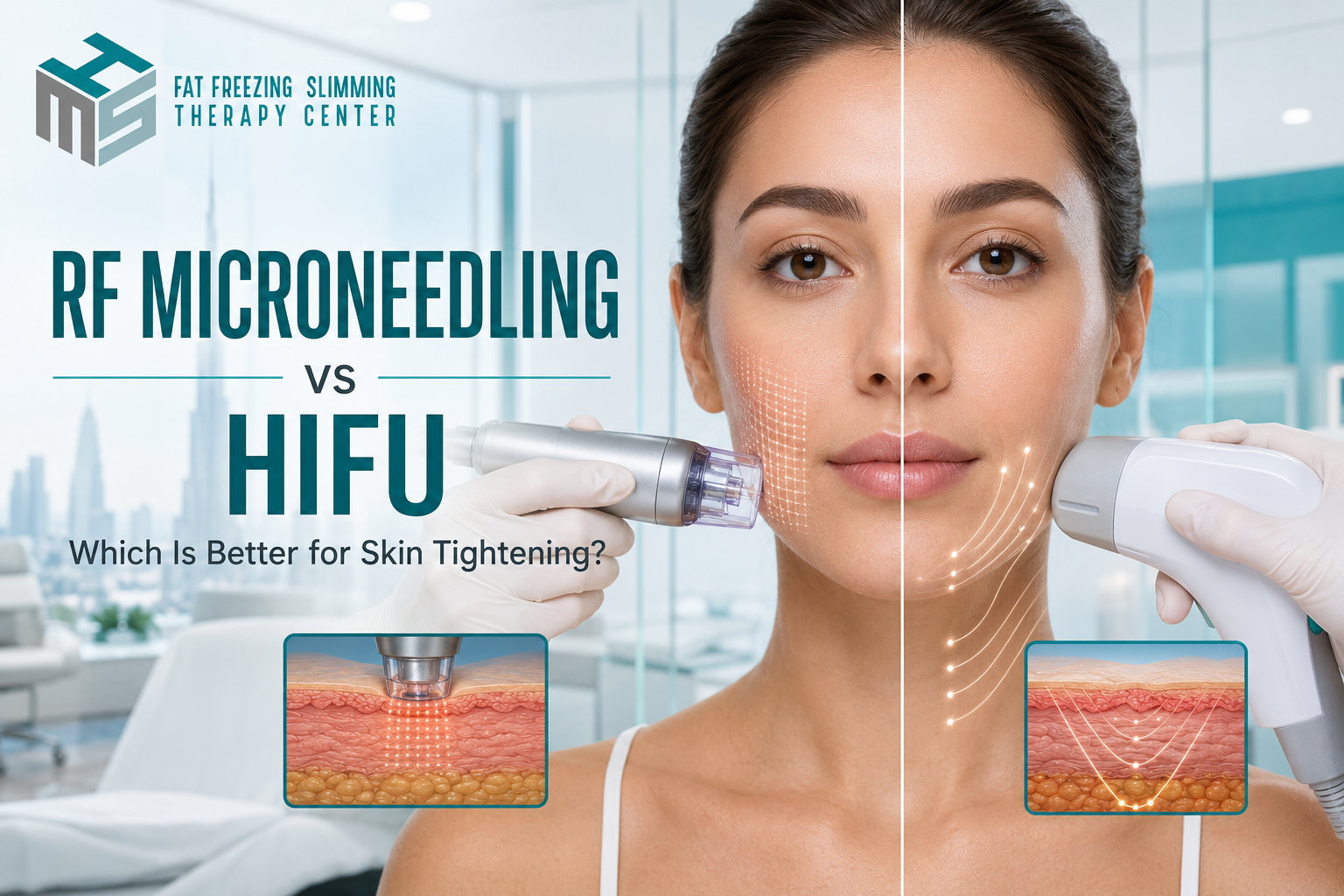 RF microneedling vs HIFU facial treatment comparison for skin tightening in Dubai