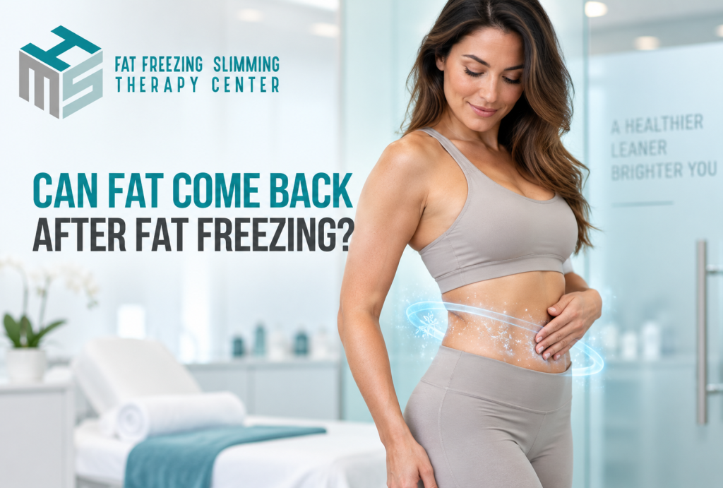Current image: Woman evaluating her body-contouring results after Fat Freezing treatment in Dubai