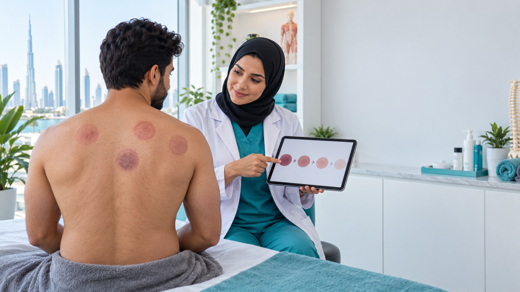 Current image: Trained practitioner explaining normal Hijama marks and aftercare to a client in a clean Dubai clinic