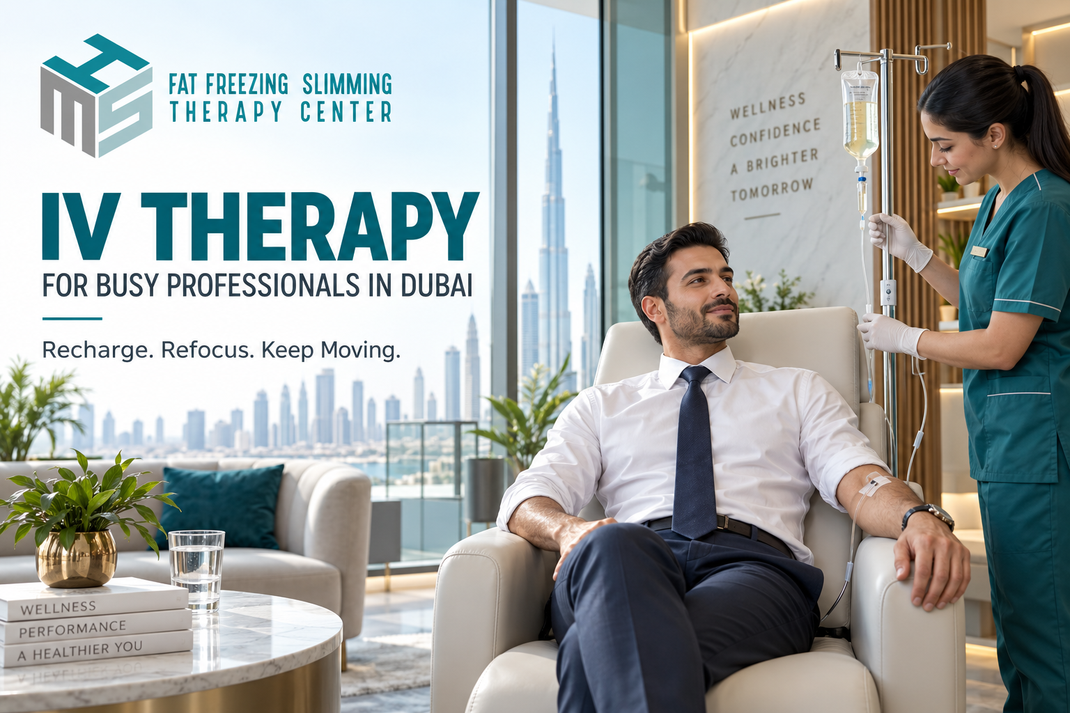 Busy professional receiving IV Therapy in a supervised Dubai wellness clinic