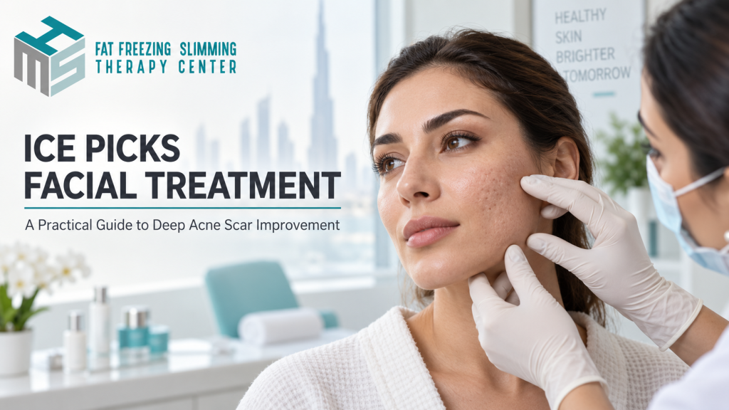 Current image: Specialist assessing deep acne scars before Ice Picks Facial Treatment in Dubai