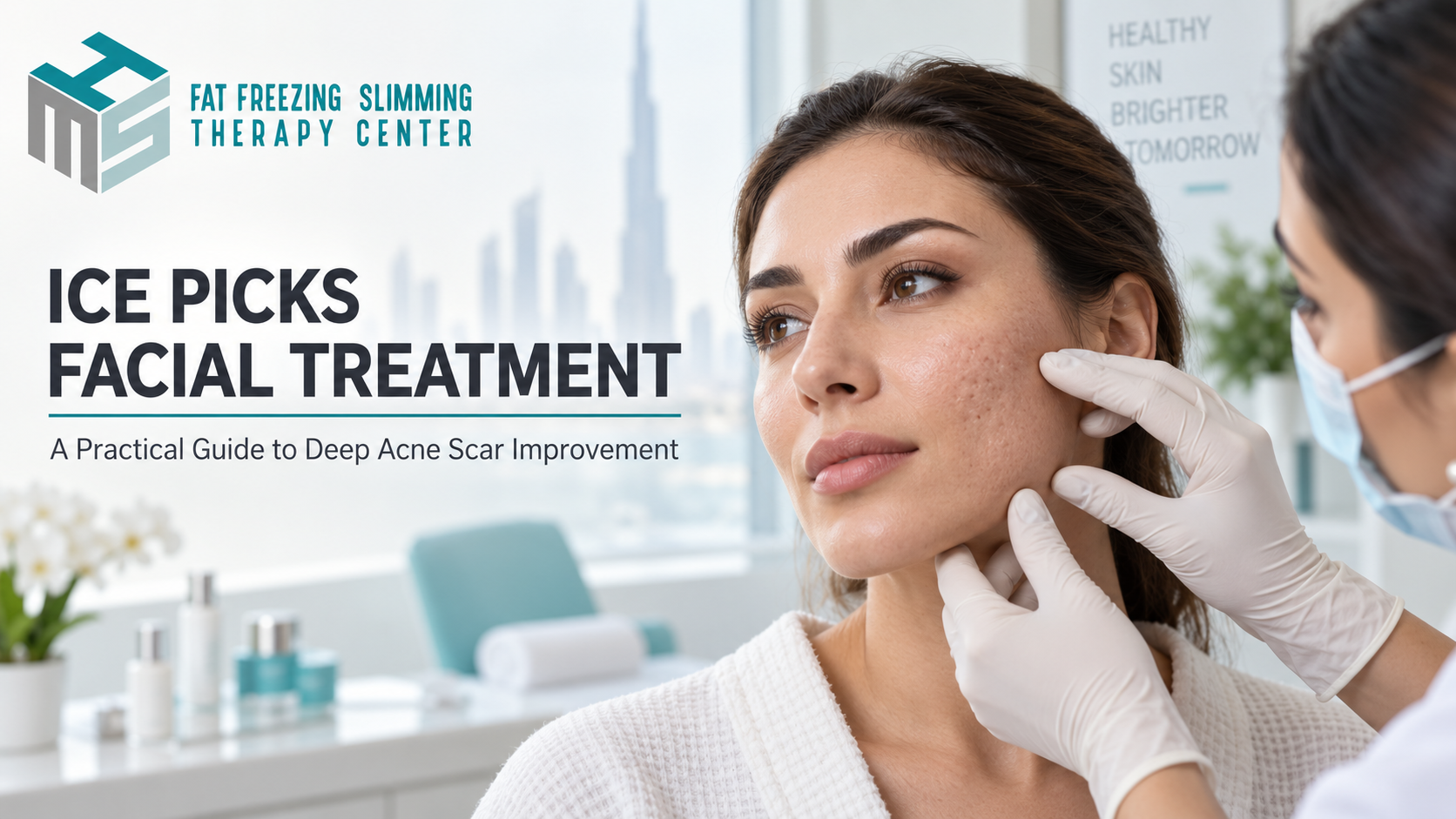 Specialist assessing deep acne scars before Ice Picks Facial Treatment in Dubai