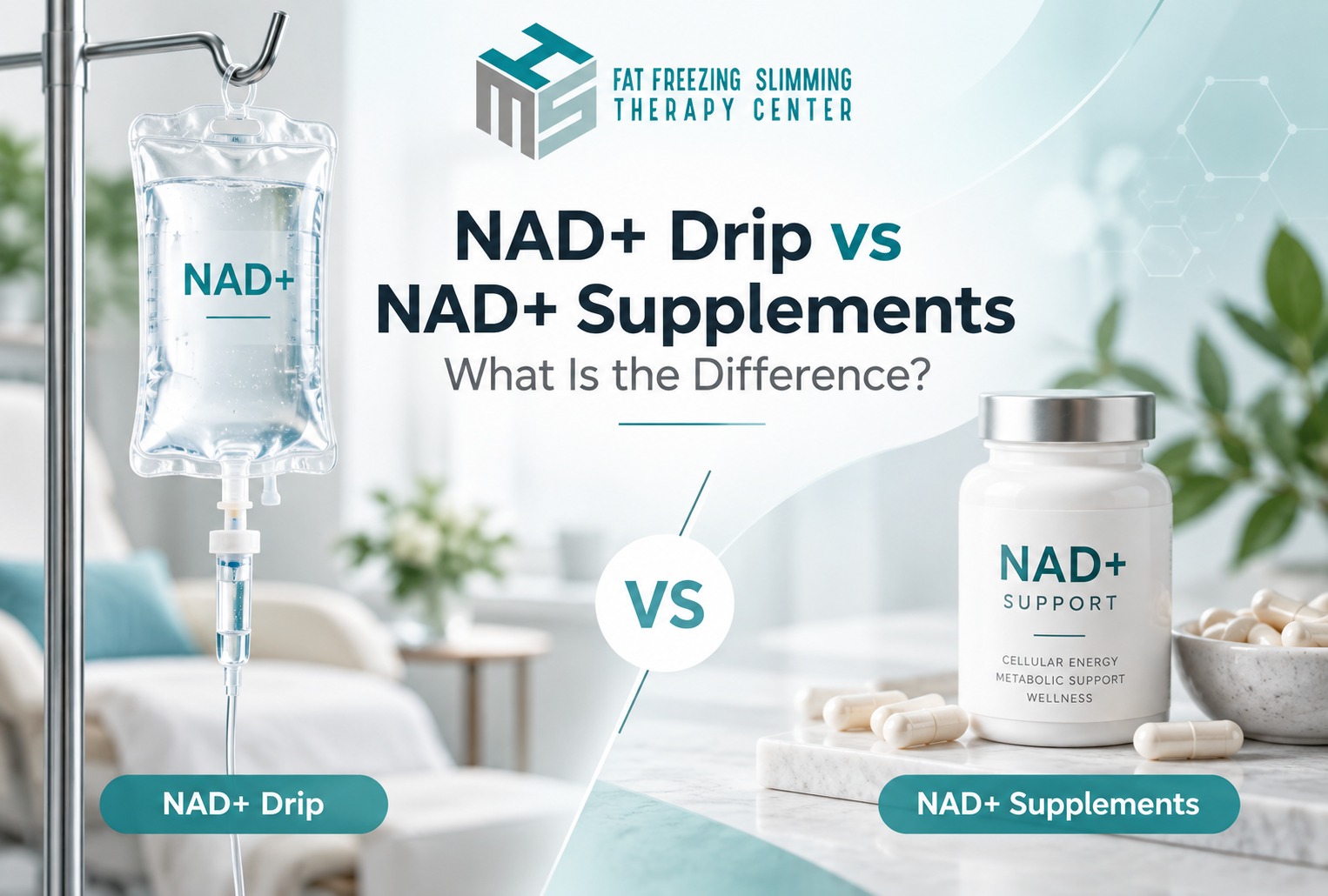 NAD+ Drip vs NAD+ supplements comparison at HMS Fat Freezing Dubai