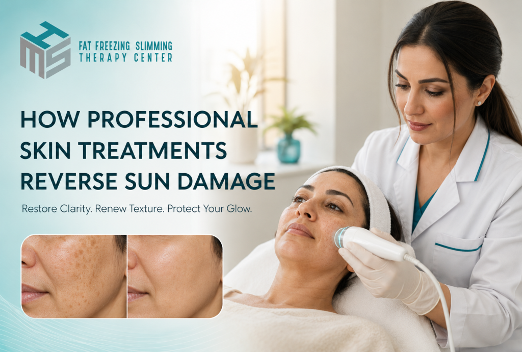 Current image: Woman receiving professional Skin Treatments for sun damage at HMS Fat Freezing Dubai