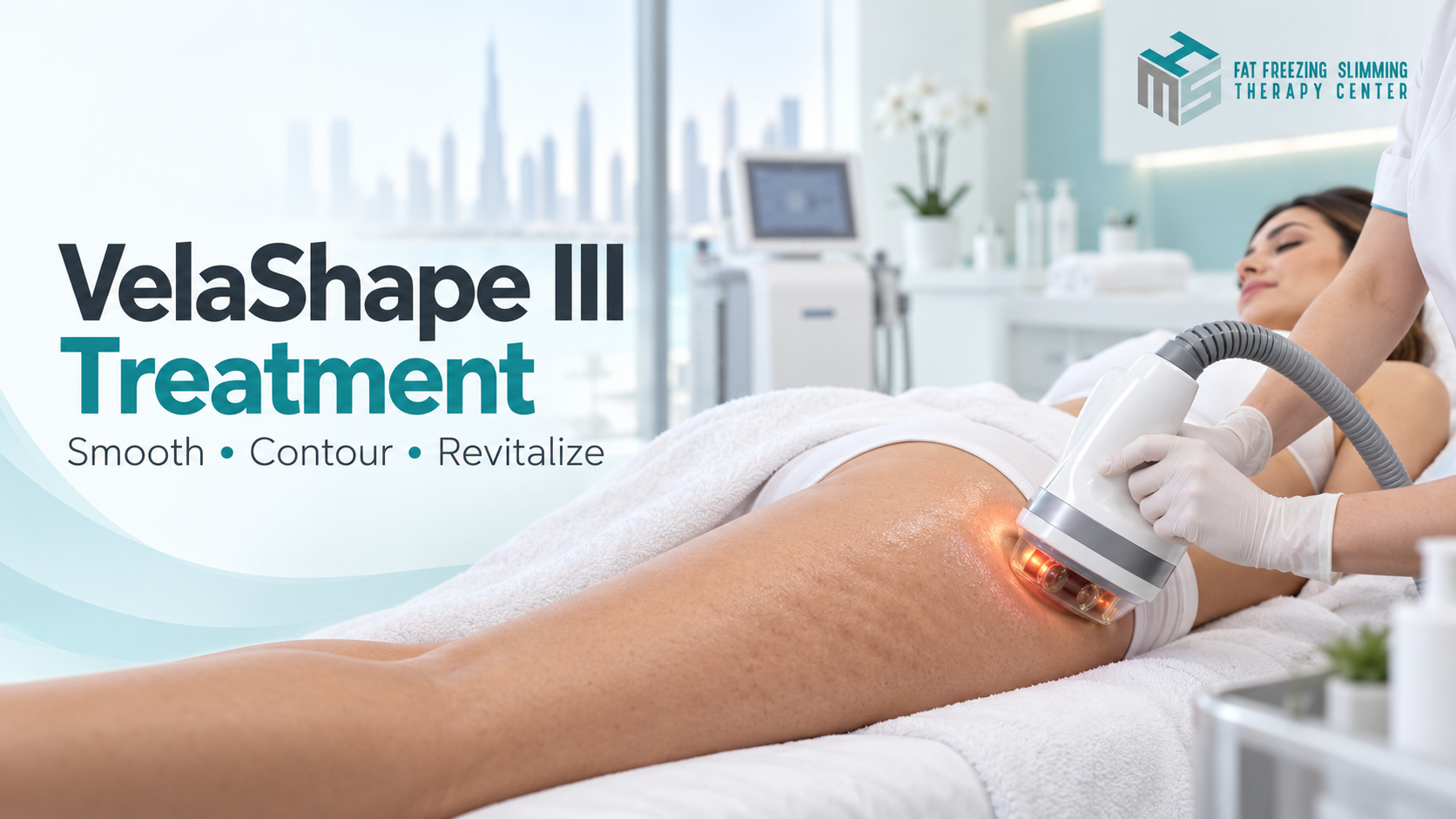 Woman receiving VelaShape III treatment for cellulite reduction and body contouring in Dubai